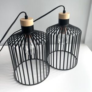 SOLD Two Hanging Black Metal Light Fixtures